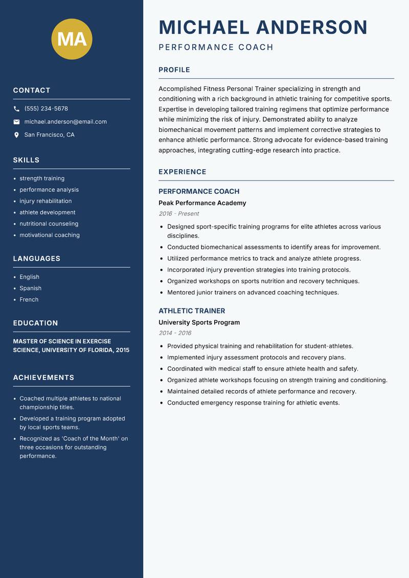 Fitness Personal Trainer resume sample — Performance Coach focus