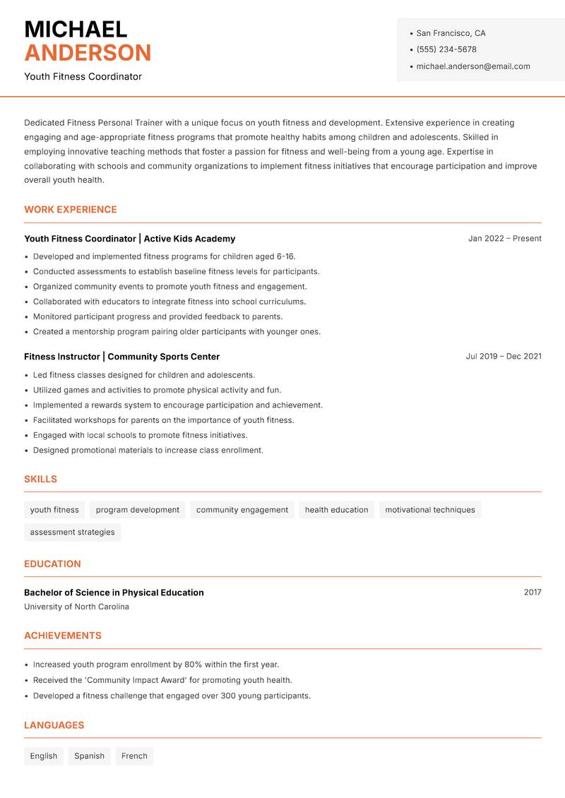 Fitness Personal Trainer resume sample — Youth Fitness Coordinator focus