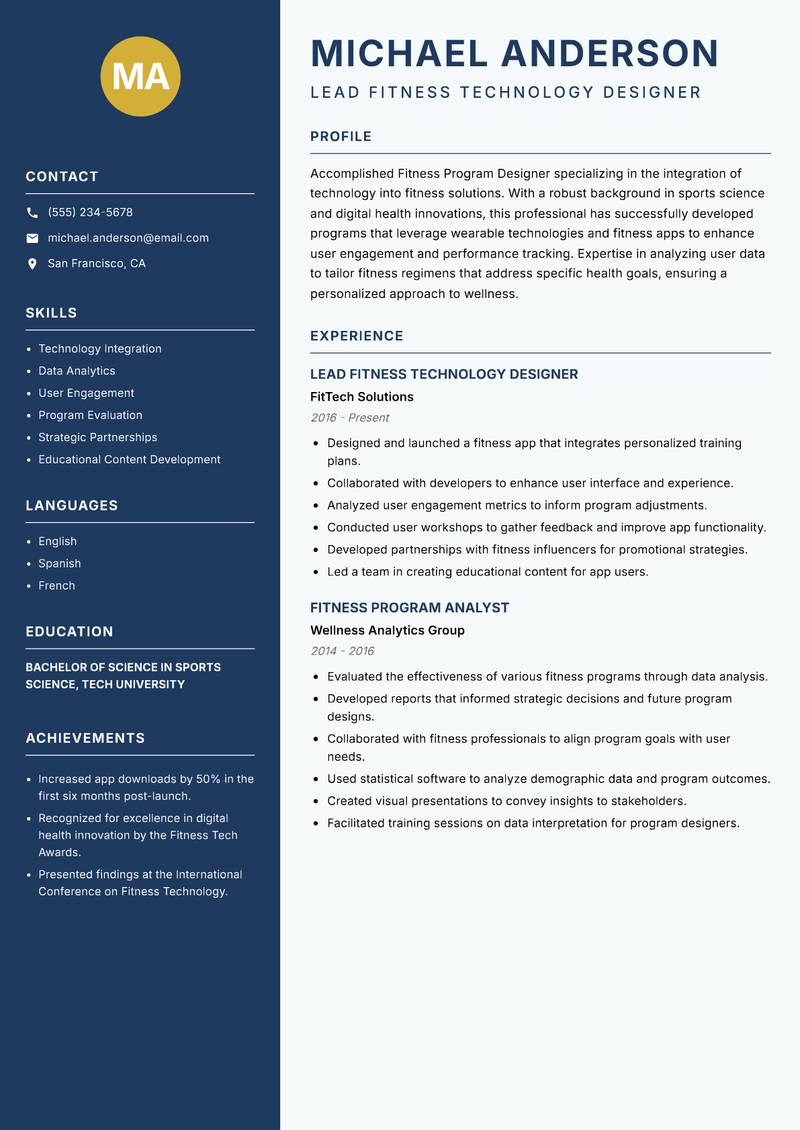Fitness Program Designer resume sample — Lead Fitness Technology Designer focus