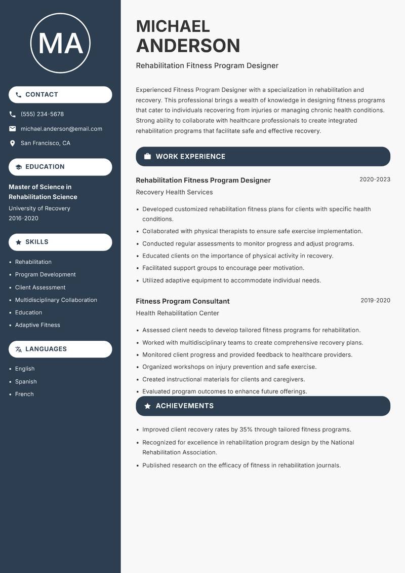 Fitness Program Designer resume sample — Rehabilitation Fitness Program Designer focus