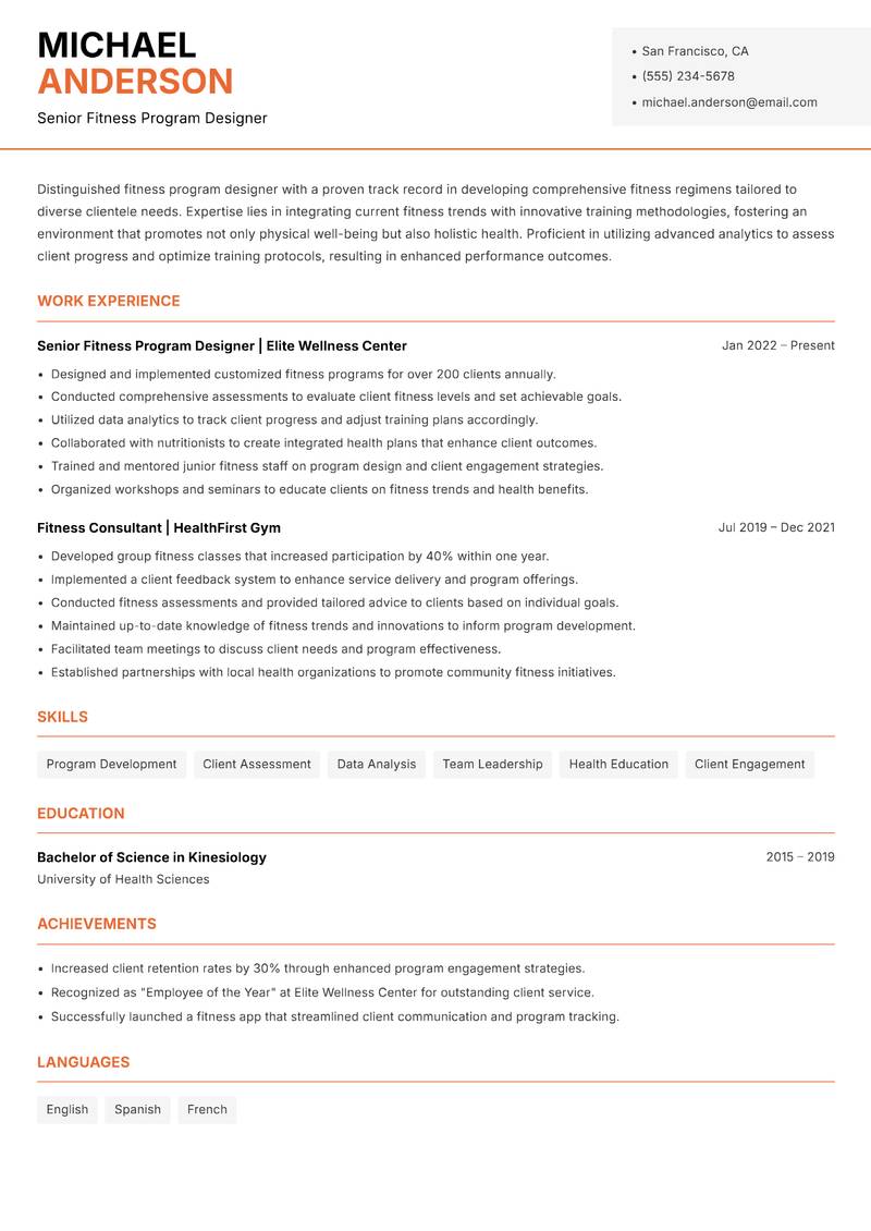 Fitness Program Designer resume sample — Senior Fitness Program Designer focus