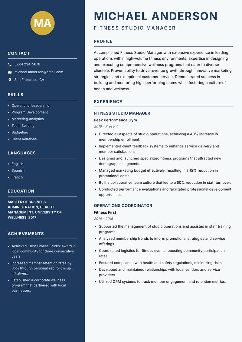 Fitness Studio Manager resume sample — Fitness Studio Manager focus