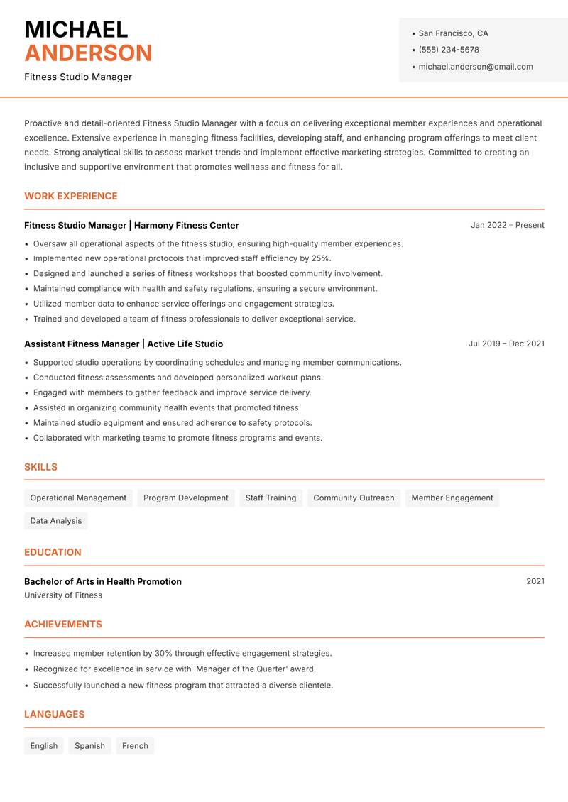 Fitness Studio Manager resume sample — Fitness Studio Manager focus