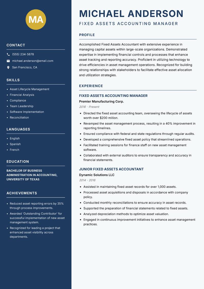 Fixed Assets Accountant resume sample — Fixed Assets Accounting Manager focus