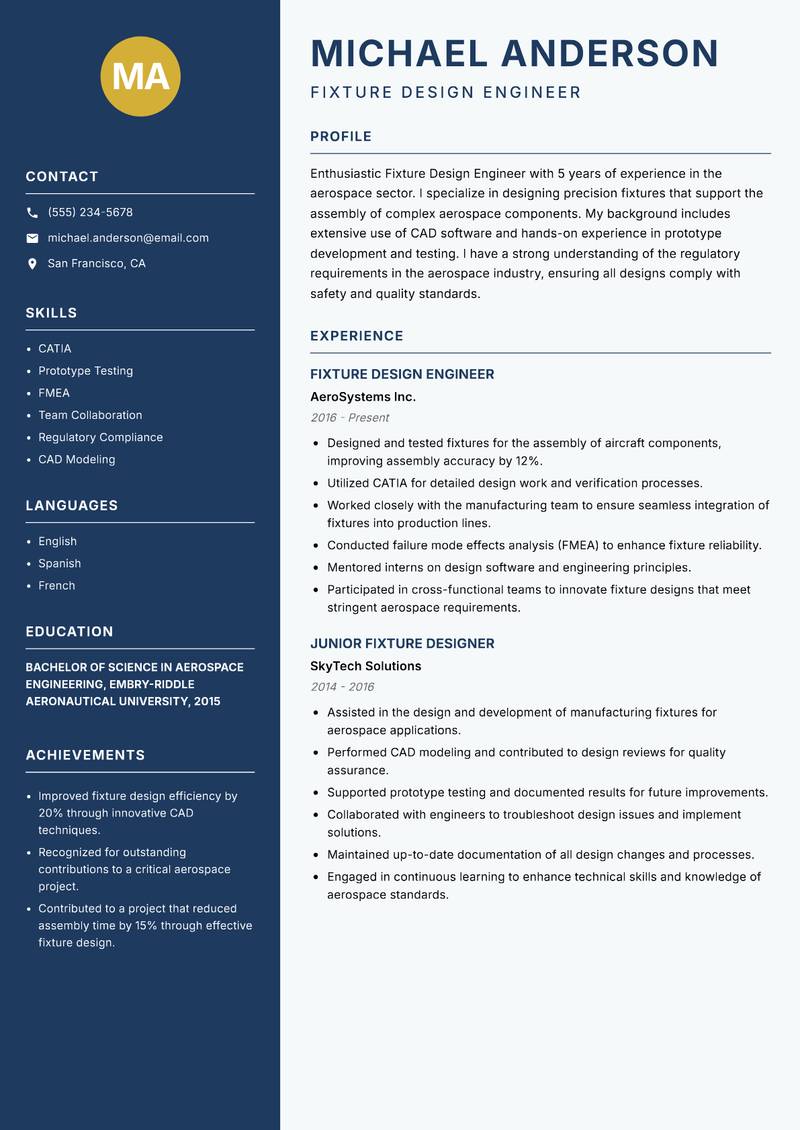 Fixture Design Engineer resume sample — Fixture Design Engineer focus