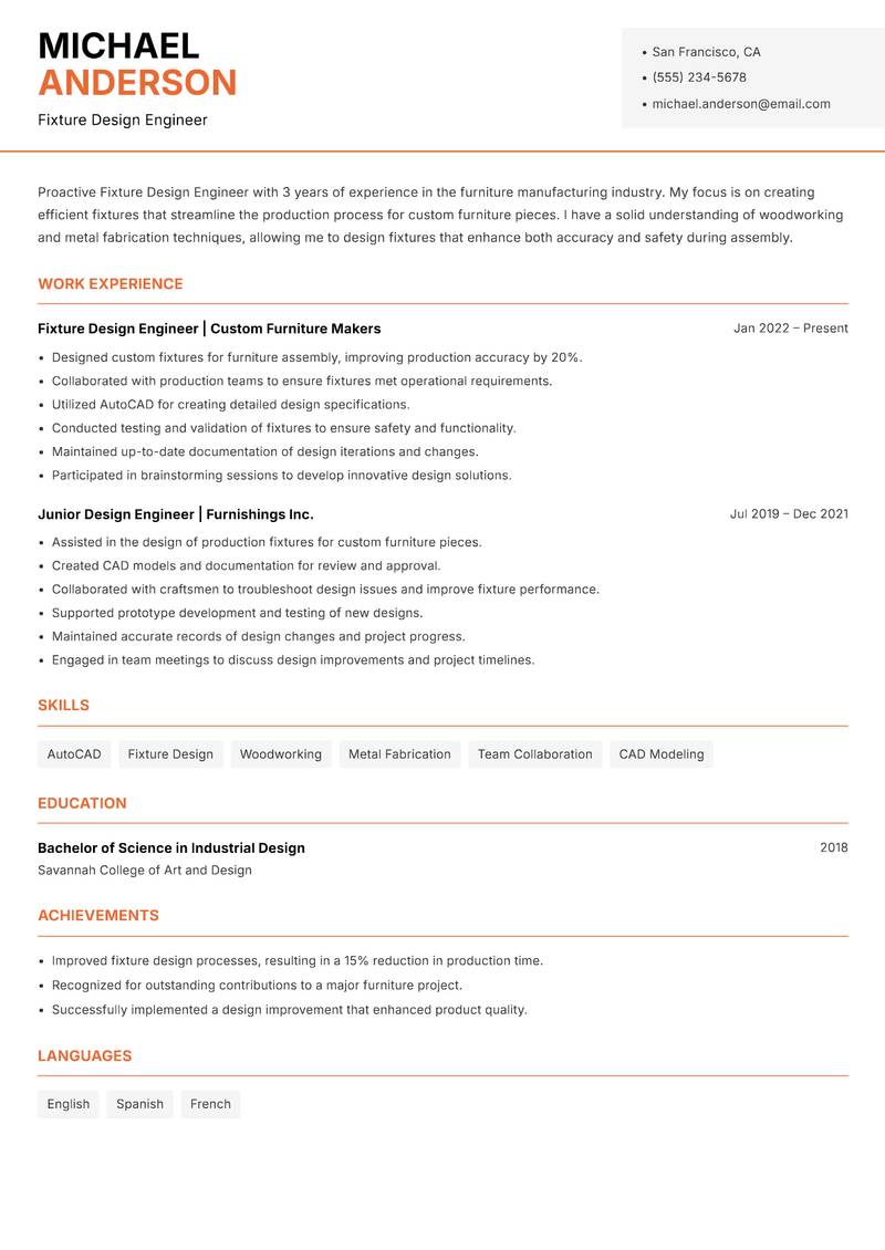 Fixture Design Engineer resume sample — Fixture Design Engineer focus