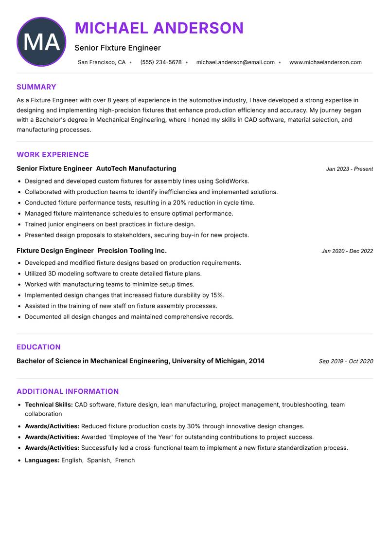 Fixture Engineer resume example