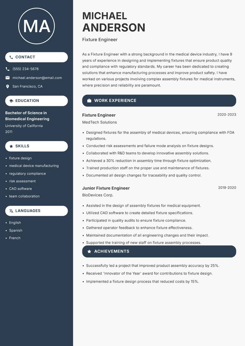 Fixture Engineer resume sample — Fixture Engineer focus