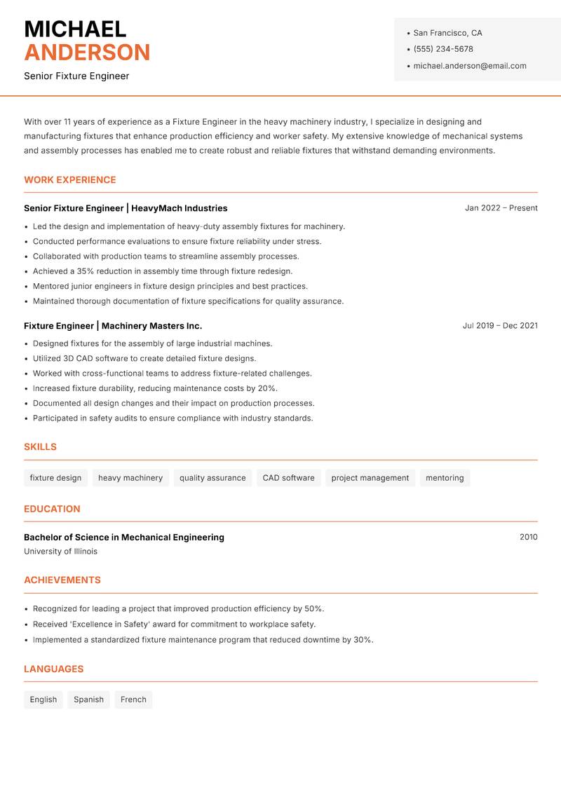 Fixture Engineer resume sample — Senior Fixture Engineer focus