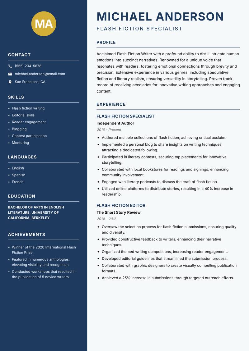 Flash Fiction Writer resume sample — Flash Fiction Specialist focus