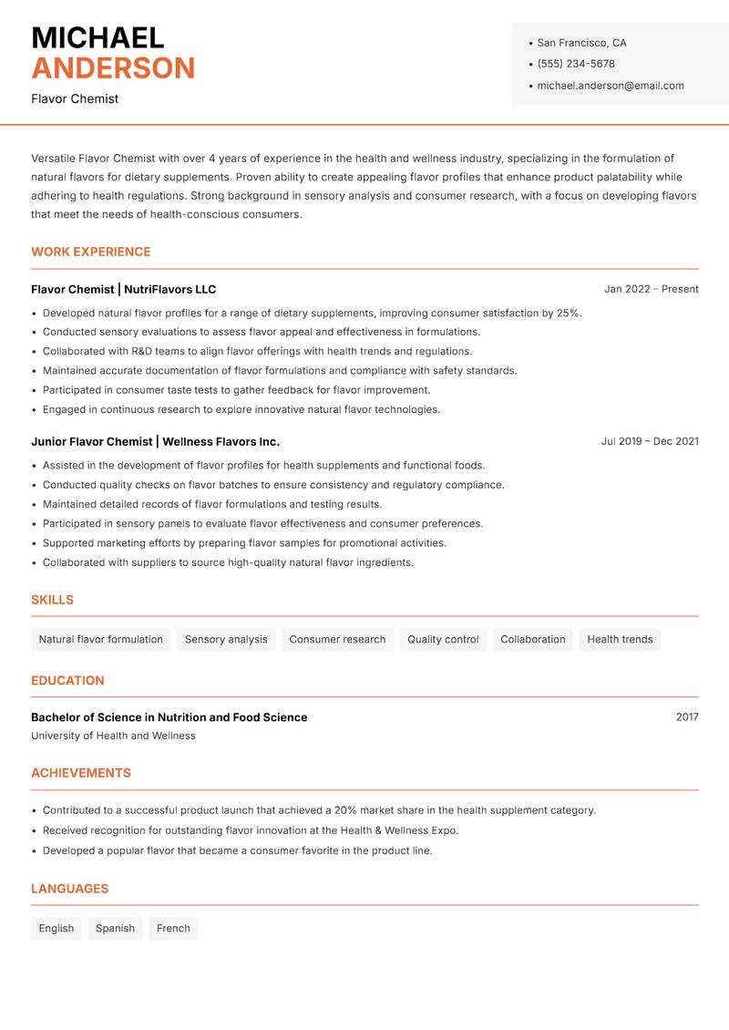 Flavor Chemist resume sample — Flavor Chemist focus
