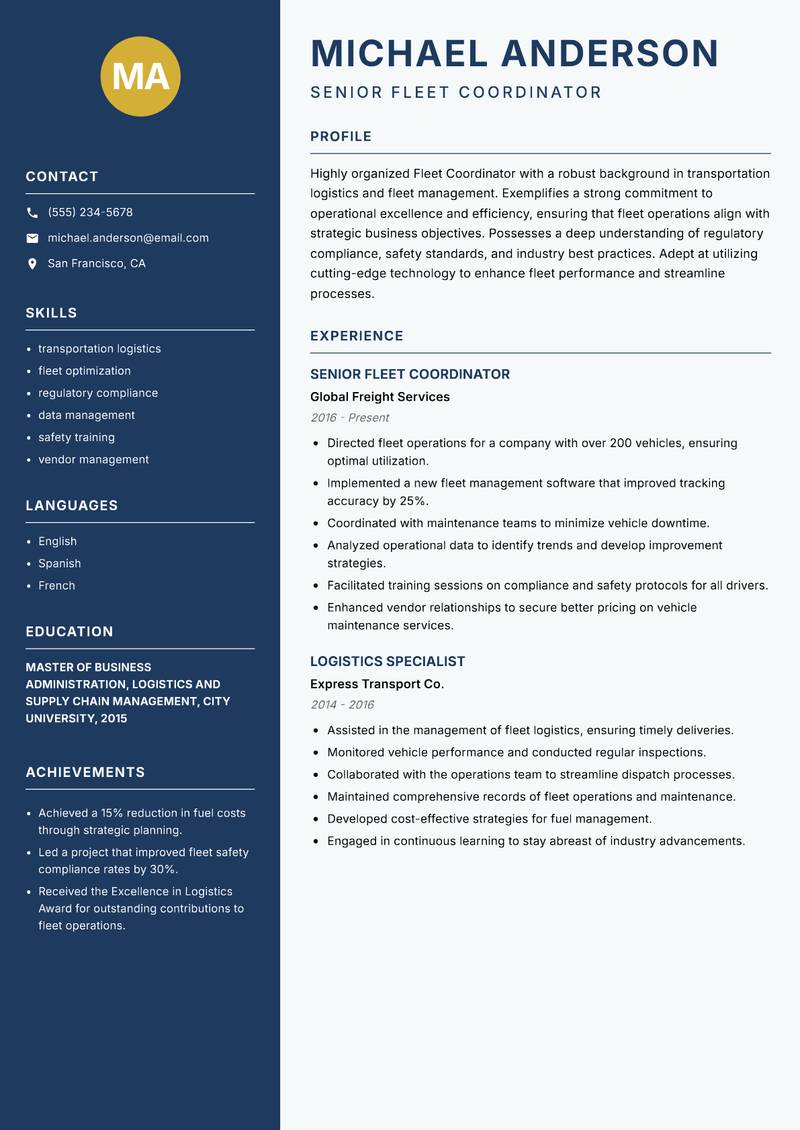Fleet Coordinator resume sample — Senior Fleet Coordinator focus