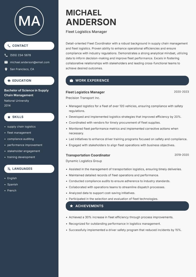 Fleet Coordinator resume sample — Fleet Logistics Manager focus