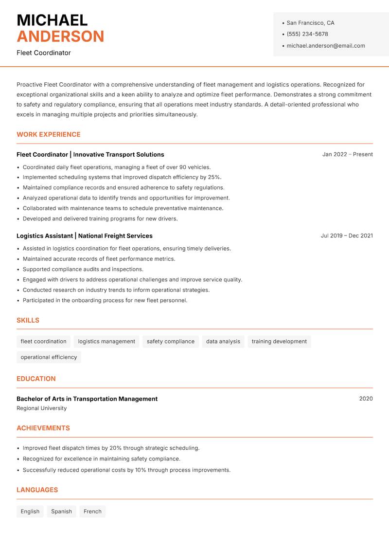 Fleet Coordinator resume sample — Fleet Coordinator focus