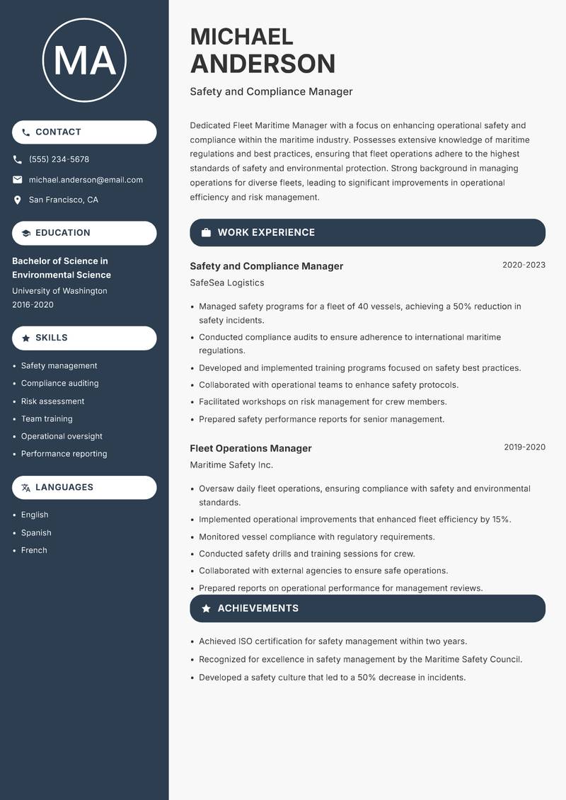 Fleet Maritime Manager resume sample — Safety and Compliance Manager focus