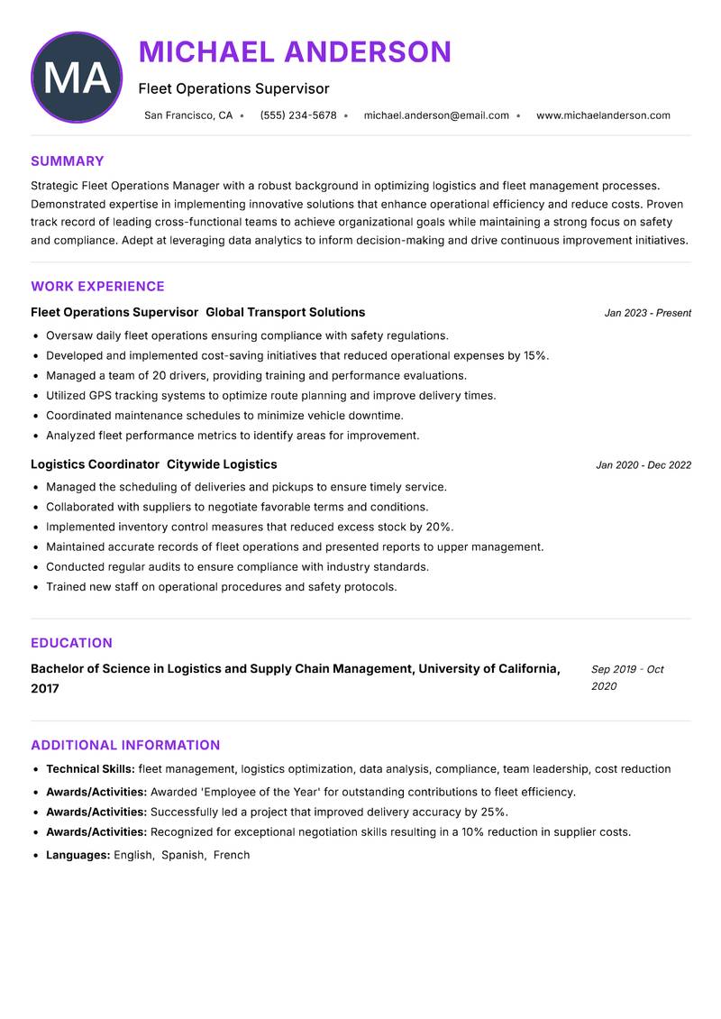 Fleet Operations Manager resume example
