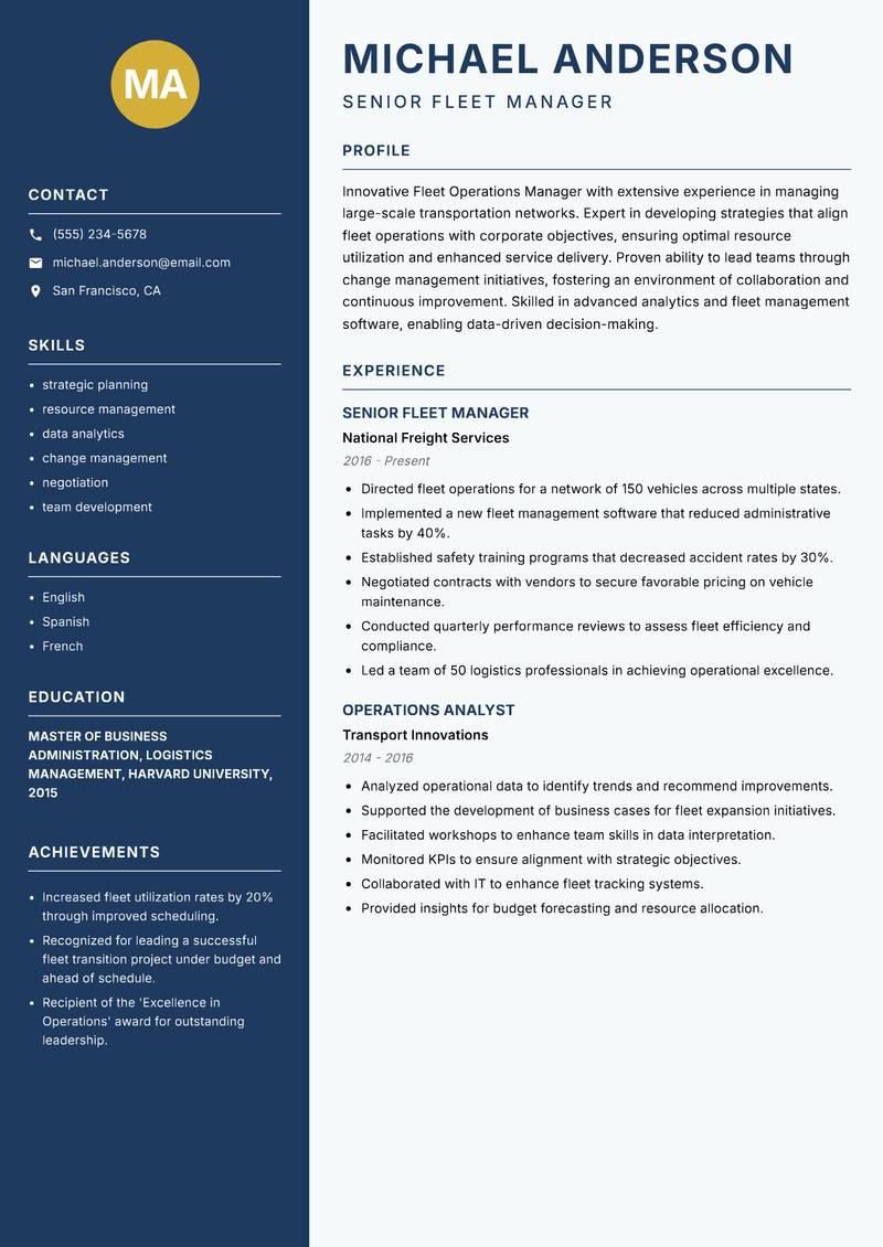 Fleet Operations Manager resume sample — Senior Fleet Manager focus