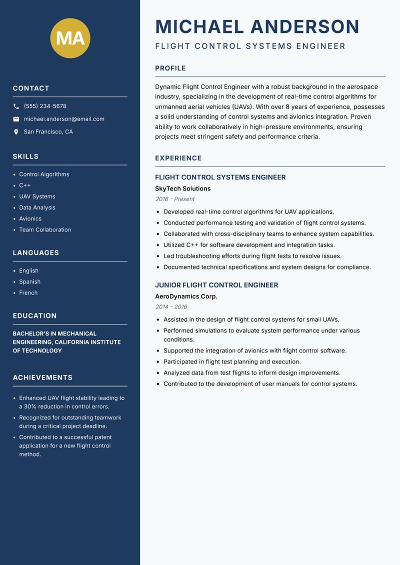 Flight Control Engineer resume sample — Flight Control Systems Engineer focus