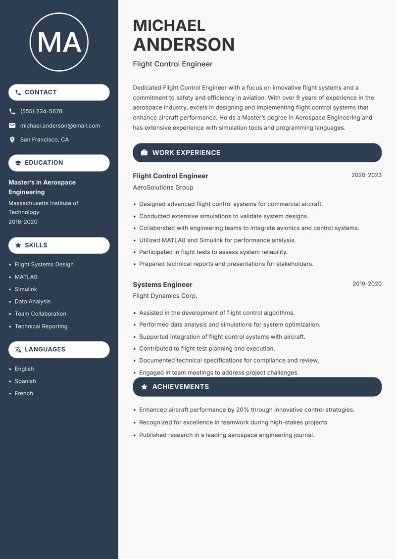 Flight Control Engineer resume sample — Flight Control Engineer focus