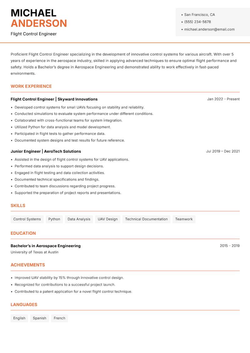 Flight Control Engineer resume sample — Flight Control Engineer focus
