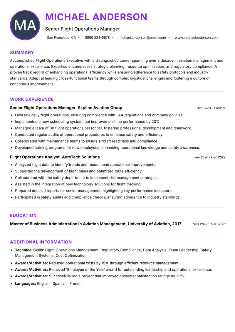 Flight Operations Executive resume example
