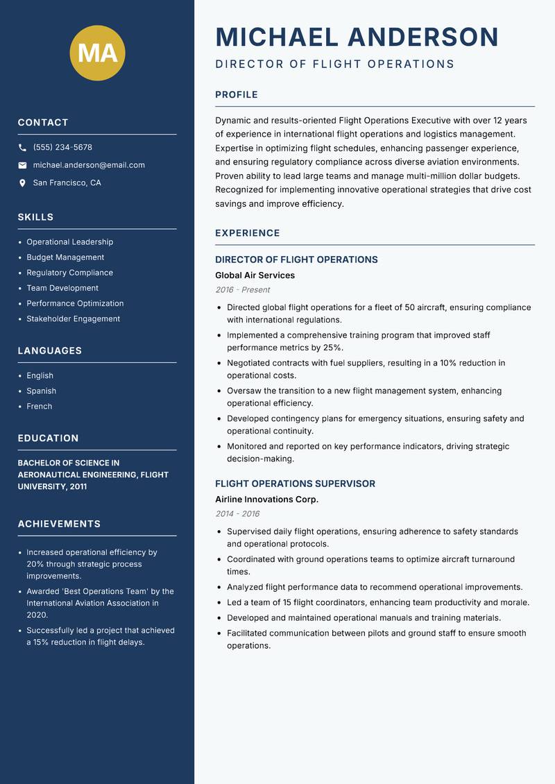 Flight Operations Executive resume sample — Director of Flight Operations focus