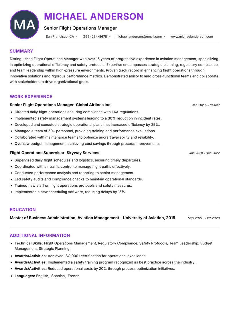 Flight Operations Manager resume example