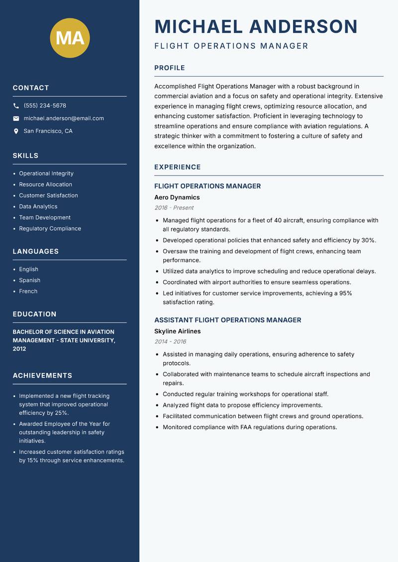 Flight Operations Manager resume sample — Flight Operations Manager focus