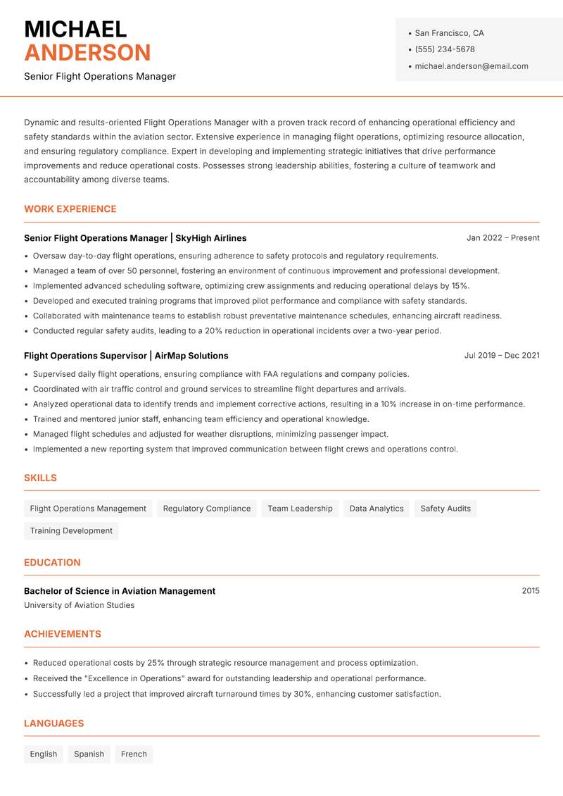 Flight Operations Manager resume sample — Senior Flight Operations Manager focus