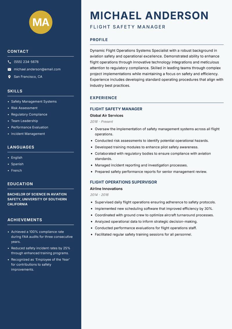 Flight Operations Systems Specialist resume sample — Flight Safety Manager focus