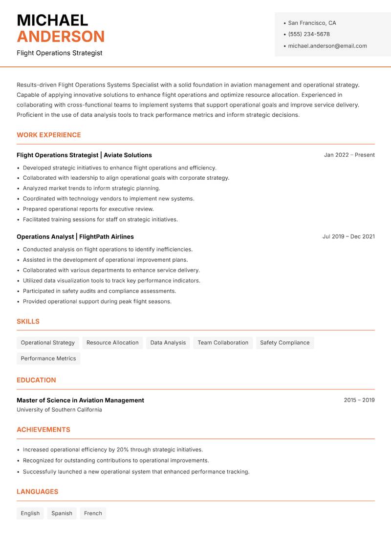 Flight Operations Systems Specialist resume sample — Flight Operations Strategist focus