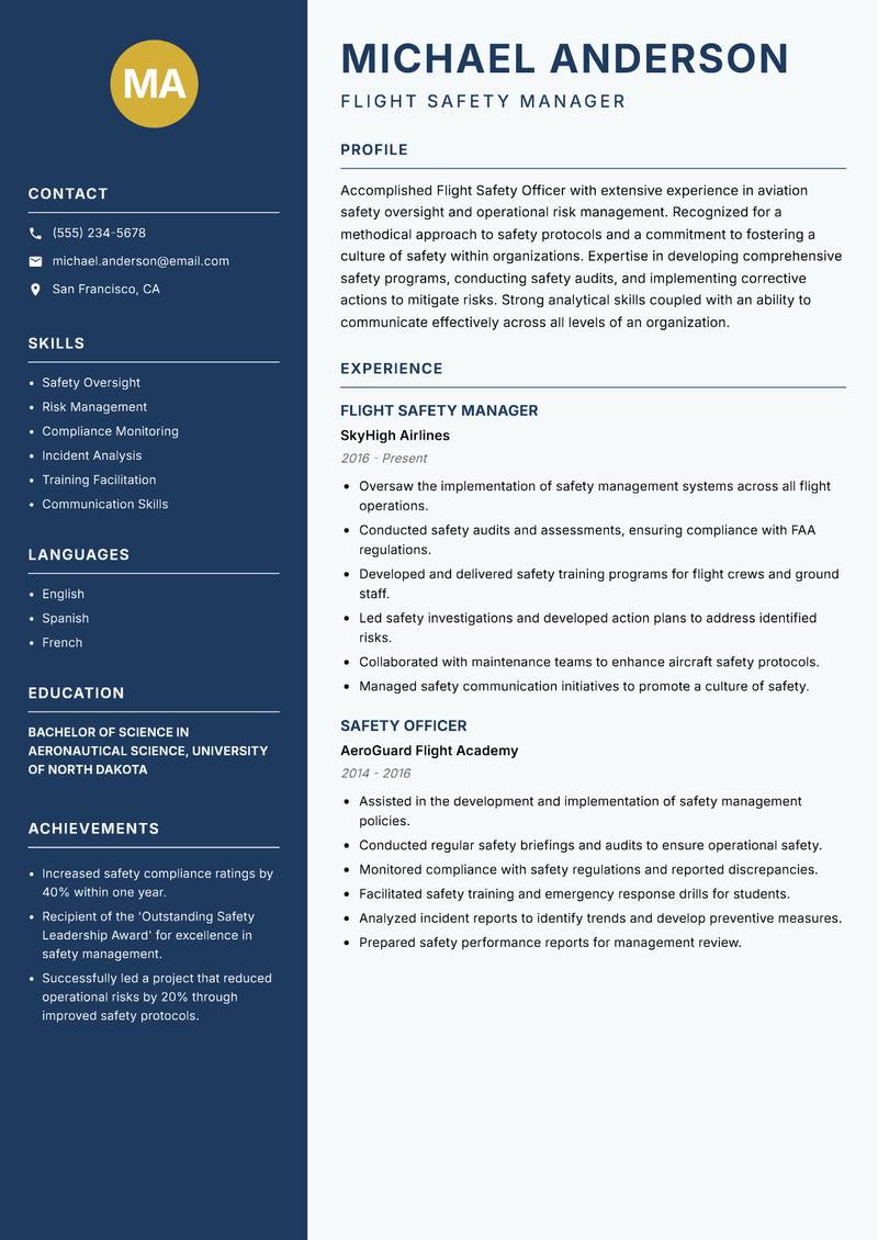 Flight Safety Officer resume sample — Flight Safety Manager focus