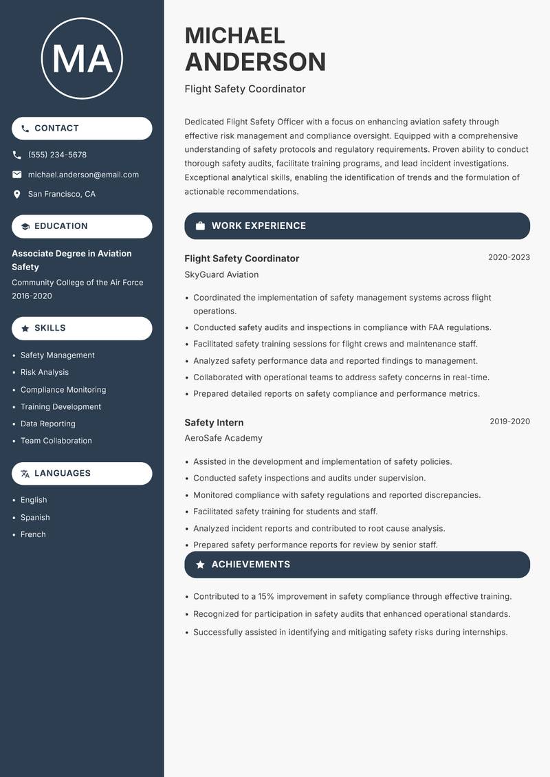 Flight Safety Officer resume sample — Flight Safety Coordinator focus