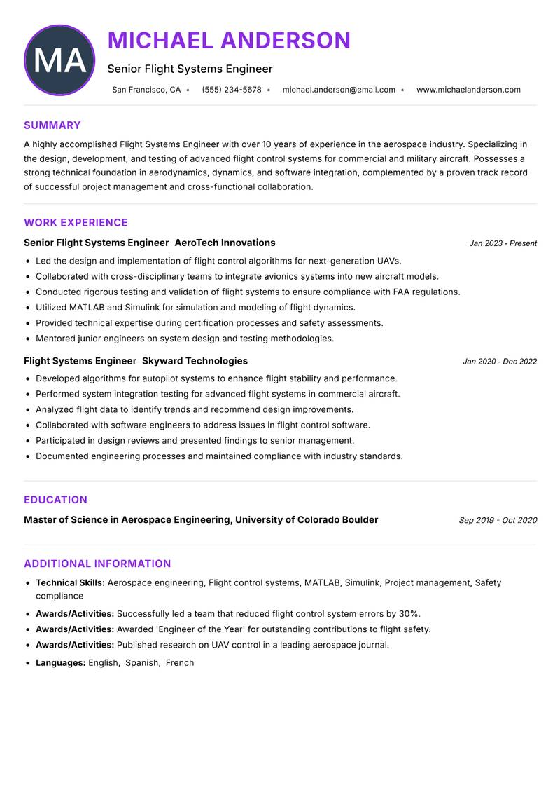 Flight Systems Engineer resume example