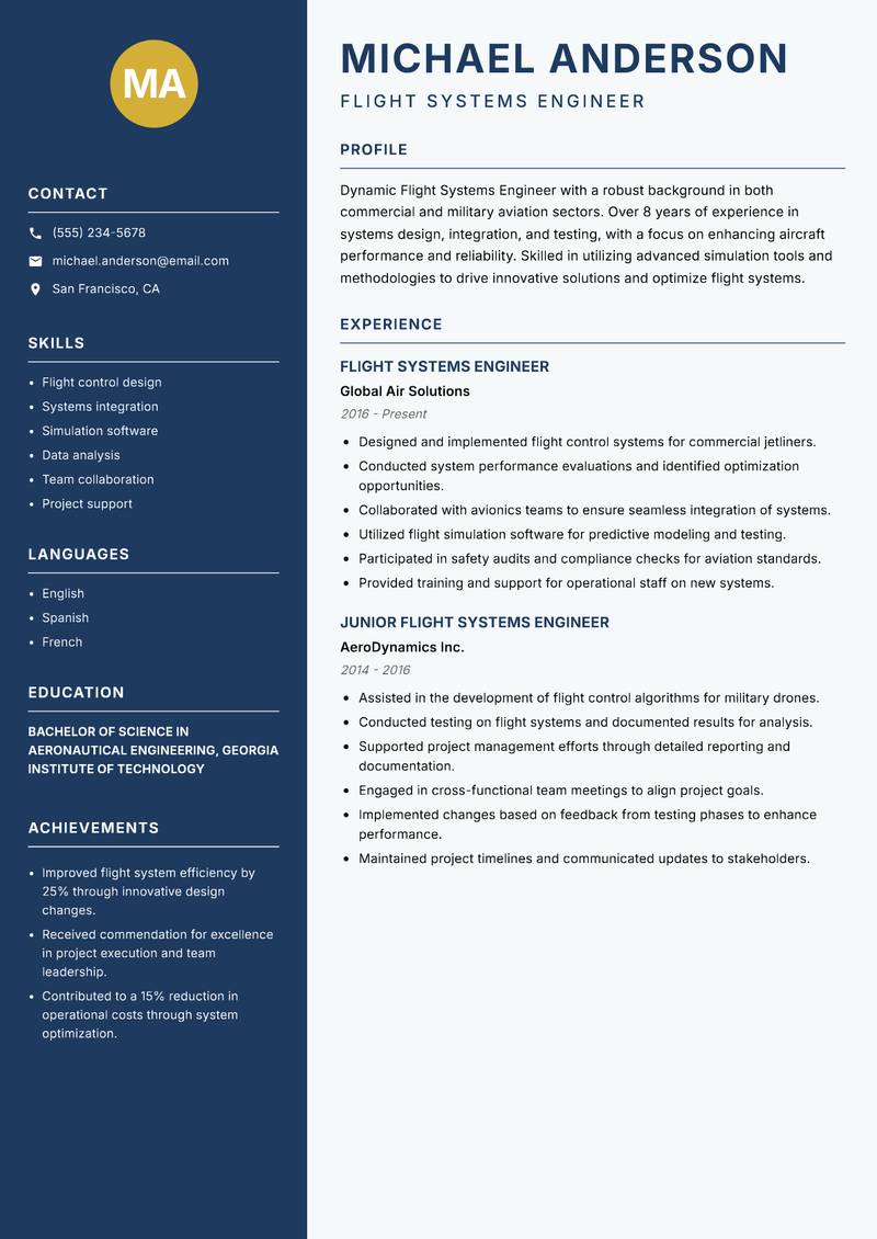 Flight Systems Engineer resume sample — Flight Systems Engineer focus