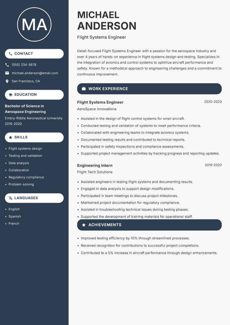 Flight Systems Engineer resume sample — Flight Systems Engineer focus