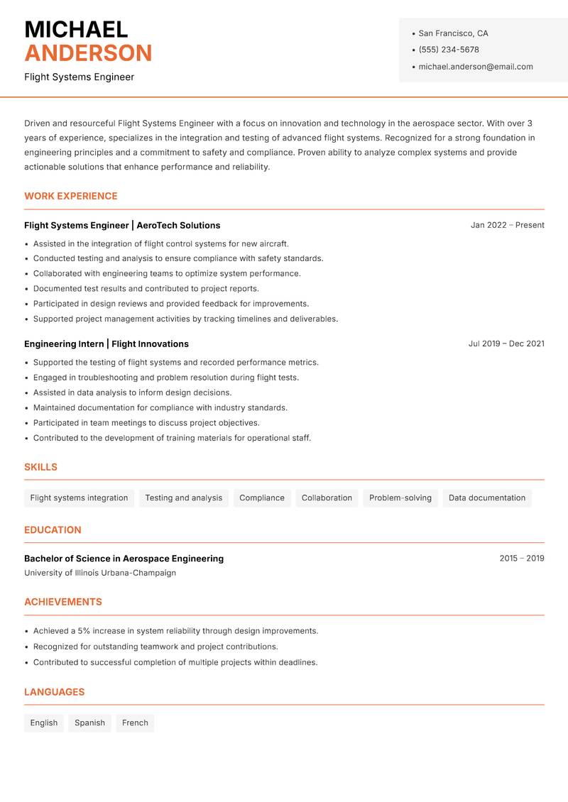 Flight Systems Engineer resume sample — Flight Systems Engineer focus