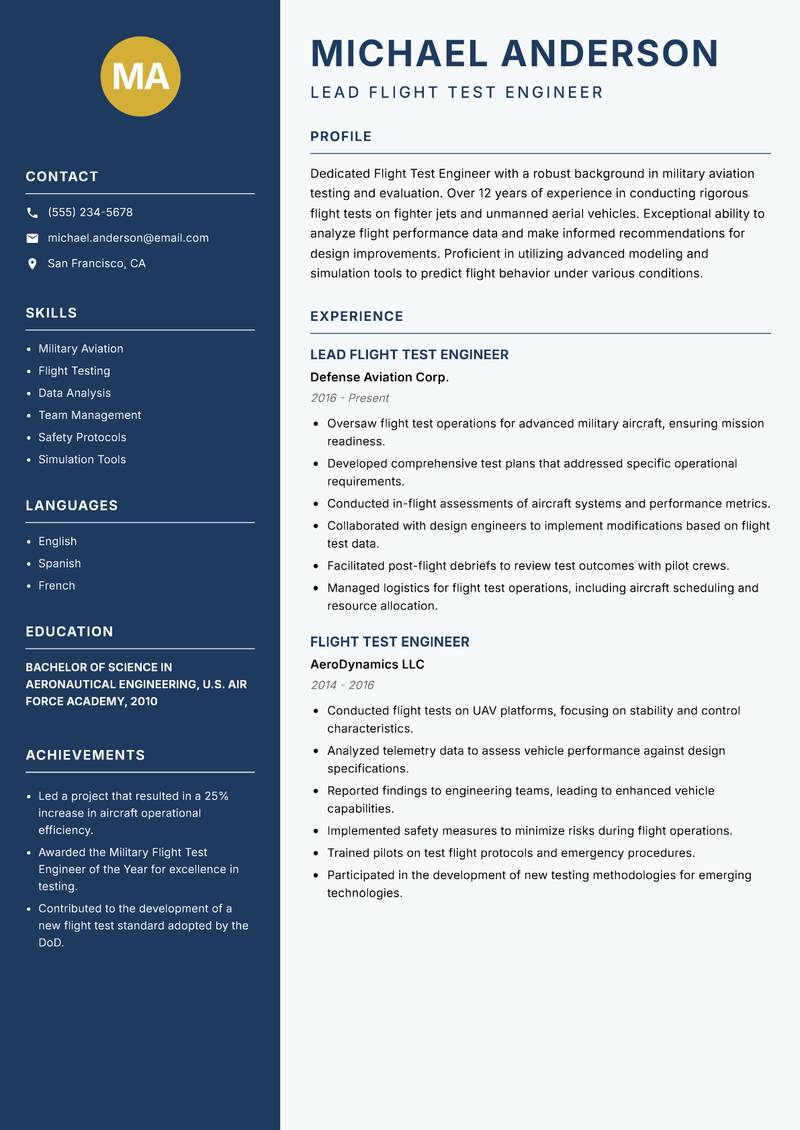 Flight Test Engineer resume sample — Lead Flight Test Engineer focus
