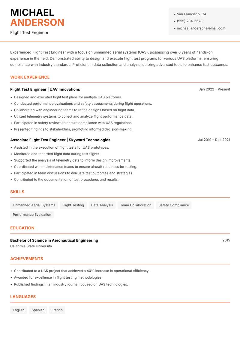 Flight Test Engineer resume sample — Flight Test Engineer focus
