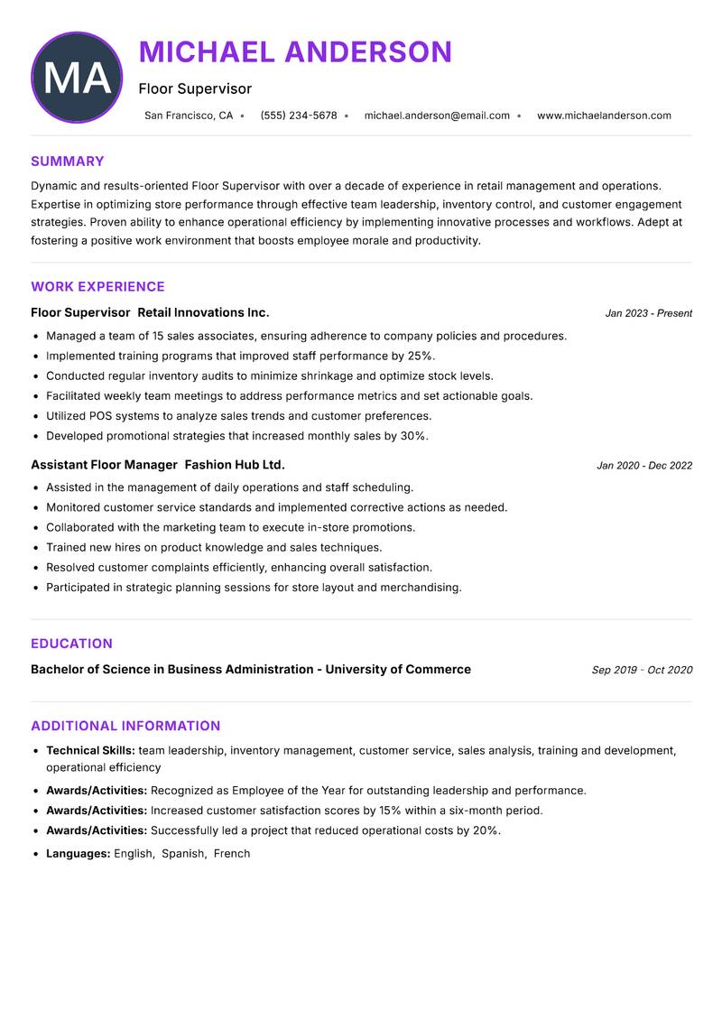 Floor Supervisor resume example
