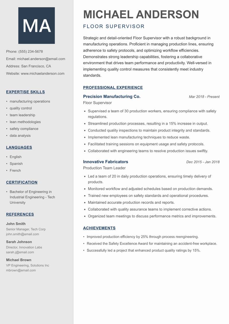 Floor Supervisor resume sample — Floor Supervisor focus