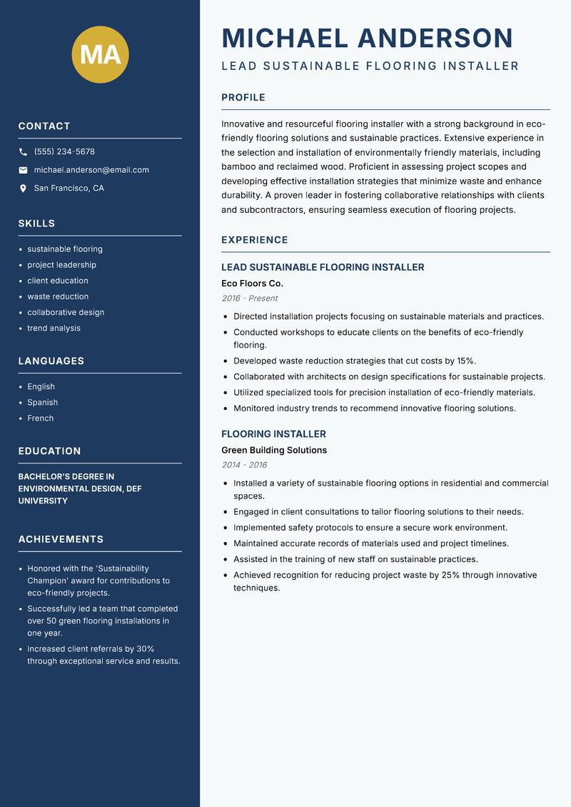 Flooring Installer resume sample — Lead Sustainable Flooring Installer focus