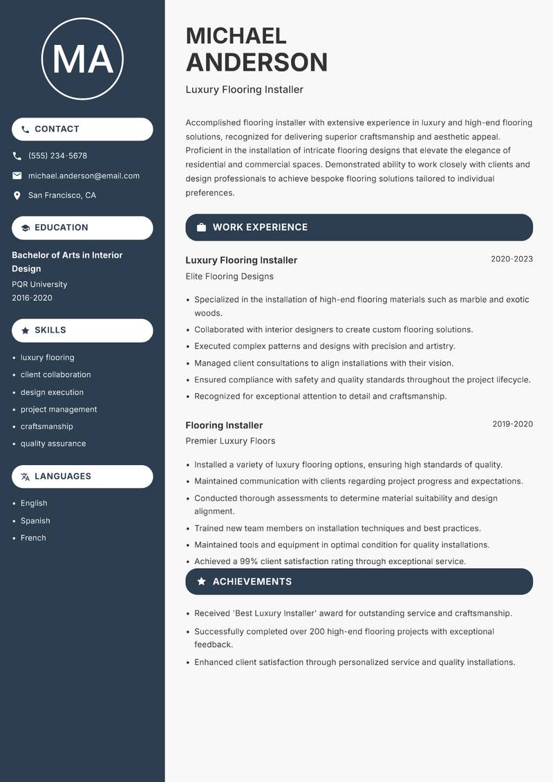 Flooring Installer resume sample — Luxury Flooring Installer focus