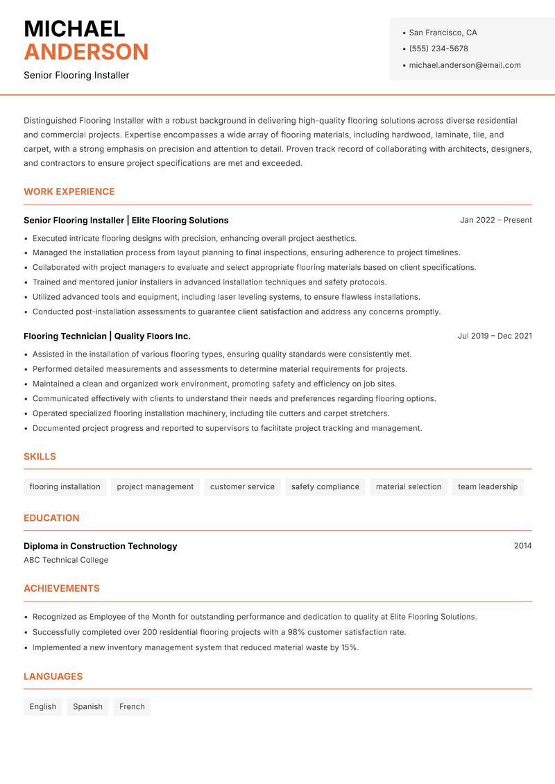 Flooring Installer resume sample — Senior Flooring Installer focus
