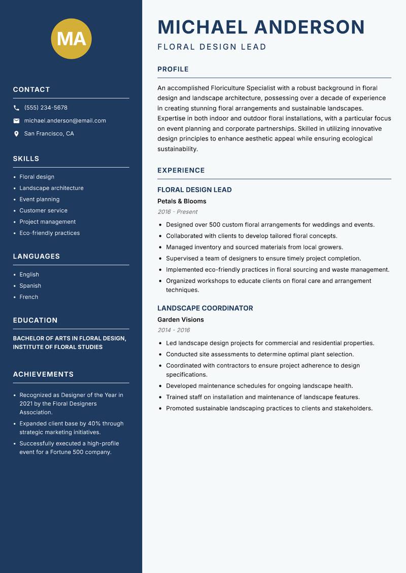 Floriculture Specialist resume sample — Floral Design Lead focus