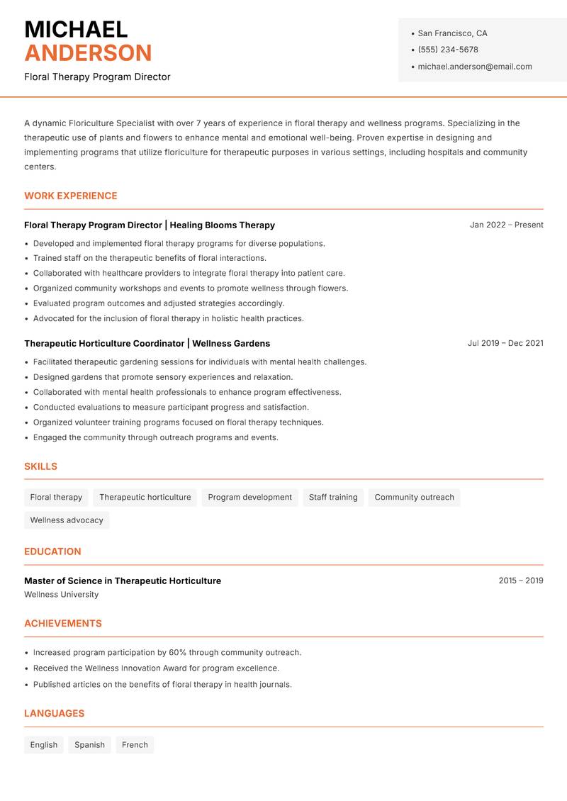 Floriculture Specialist resume sample — Floral Therapy Program Director focus