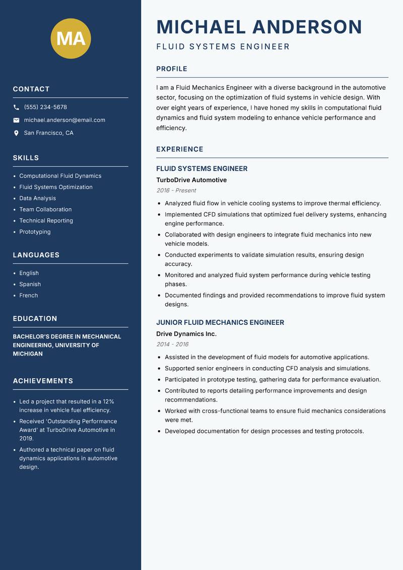 Fluid Mechanics Engineer resume sample — Fluid Systems Engineer focus