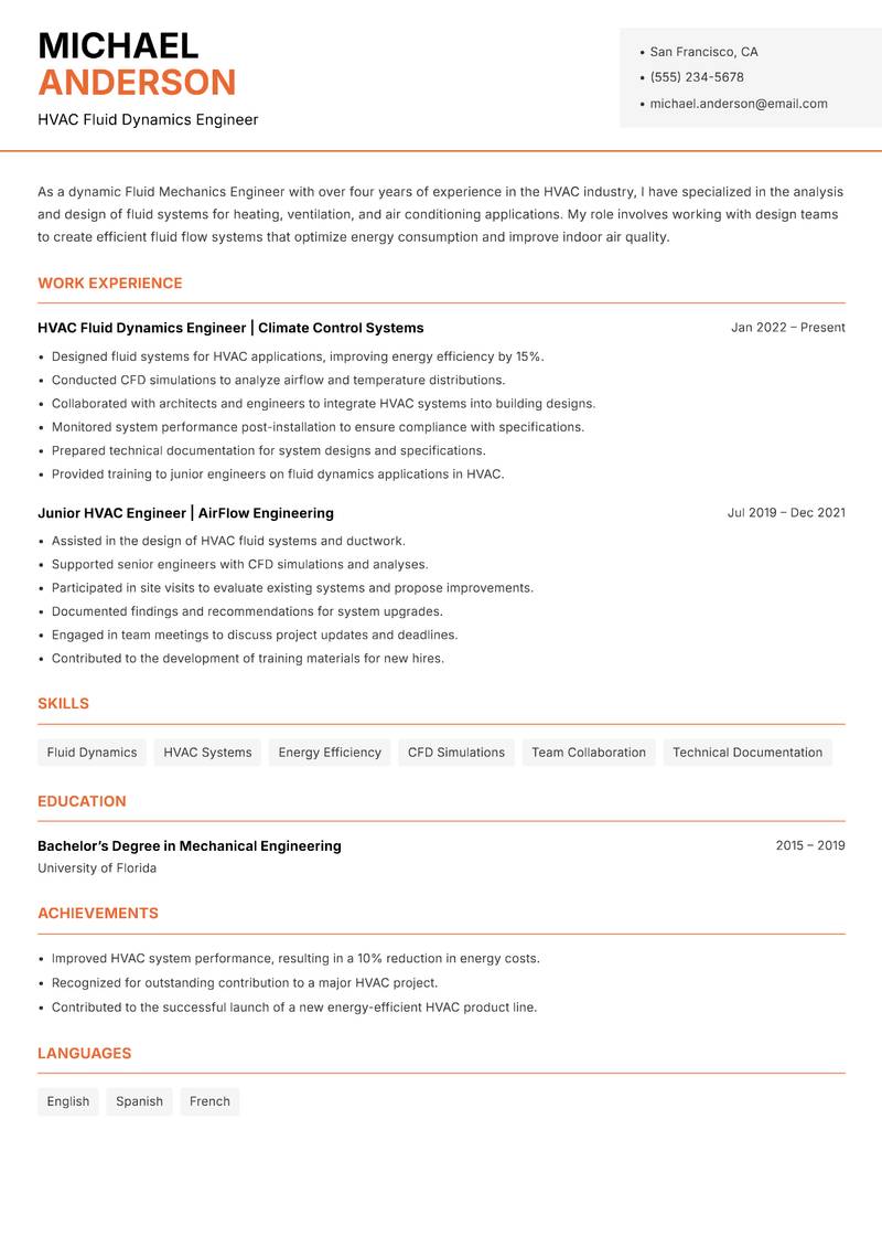 Fluid Mechanics Engineer resume sample — HVAC Fluid Dynamics Engineer focus