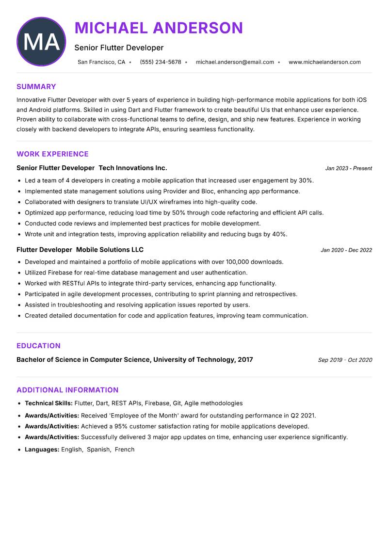 Flutter Developer resume example
