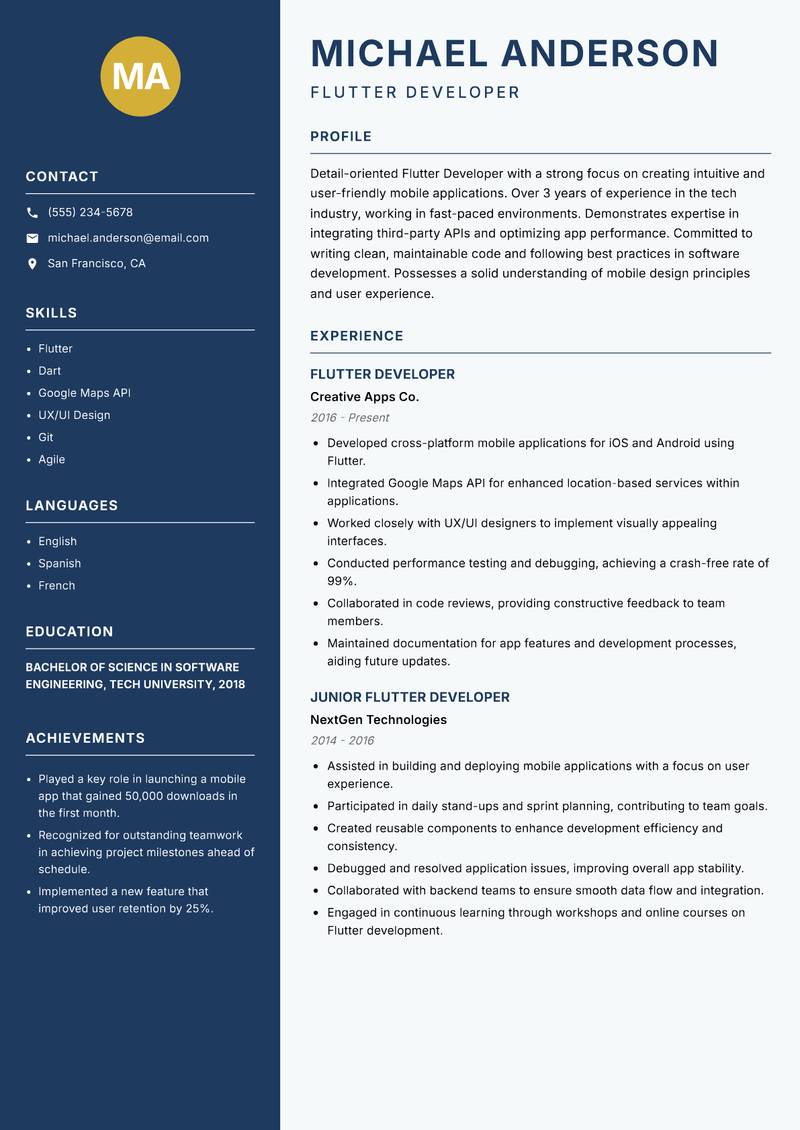 Flutter Developer resume sample — Flutter Developer focus